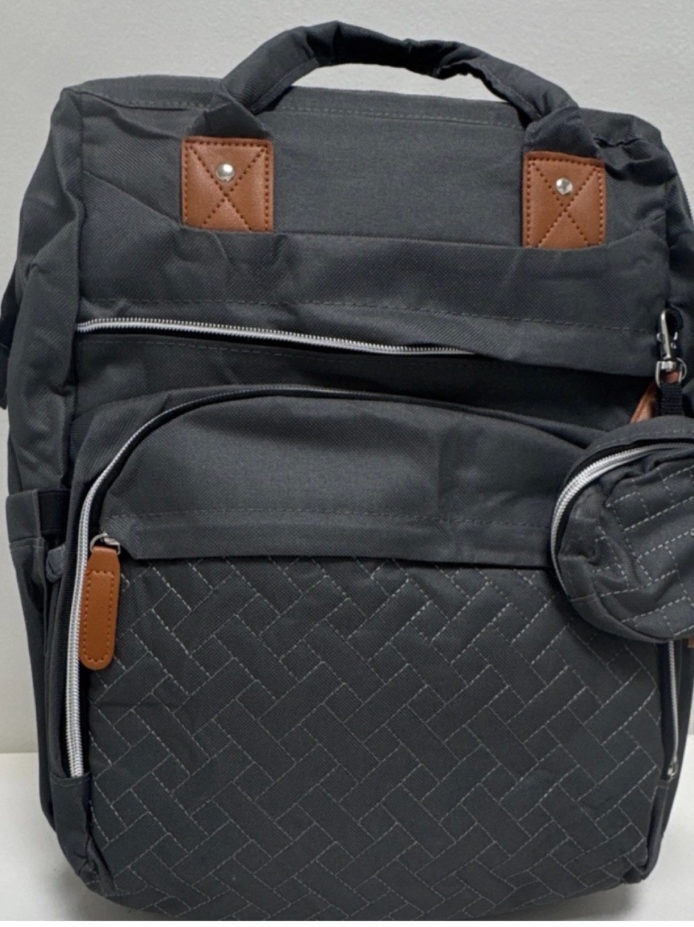 Men's Quilted Black Backpack with Brown Trim